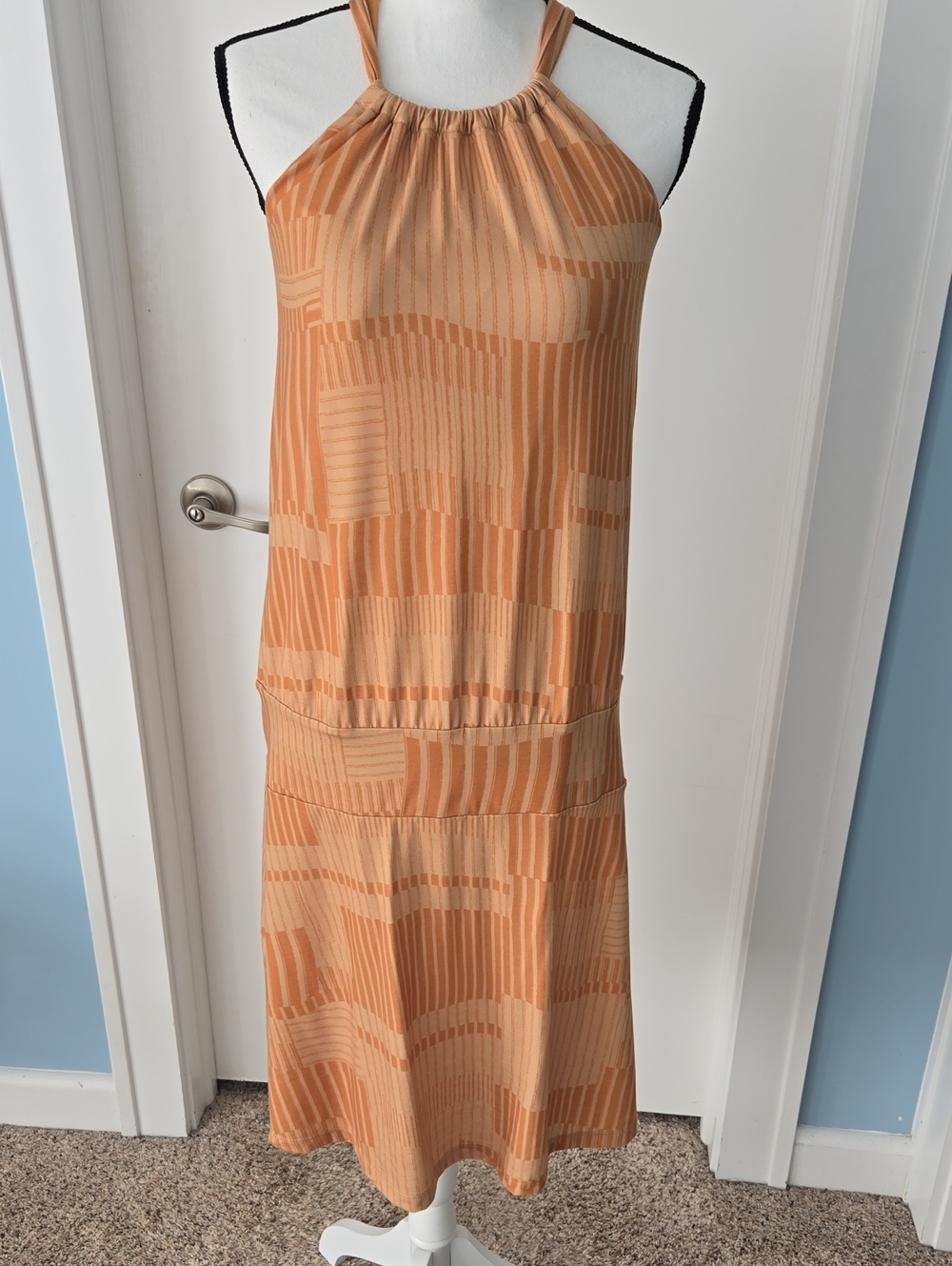 Prana Mustard Halter Midi Padded Bra Athletic Drop Waist Geometric  Dress L